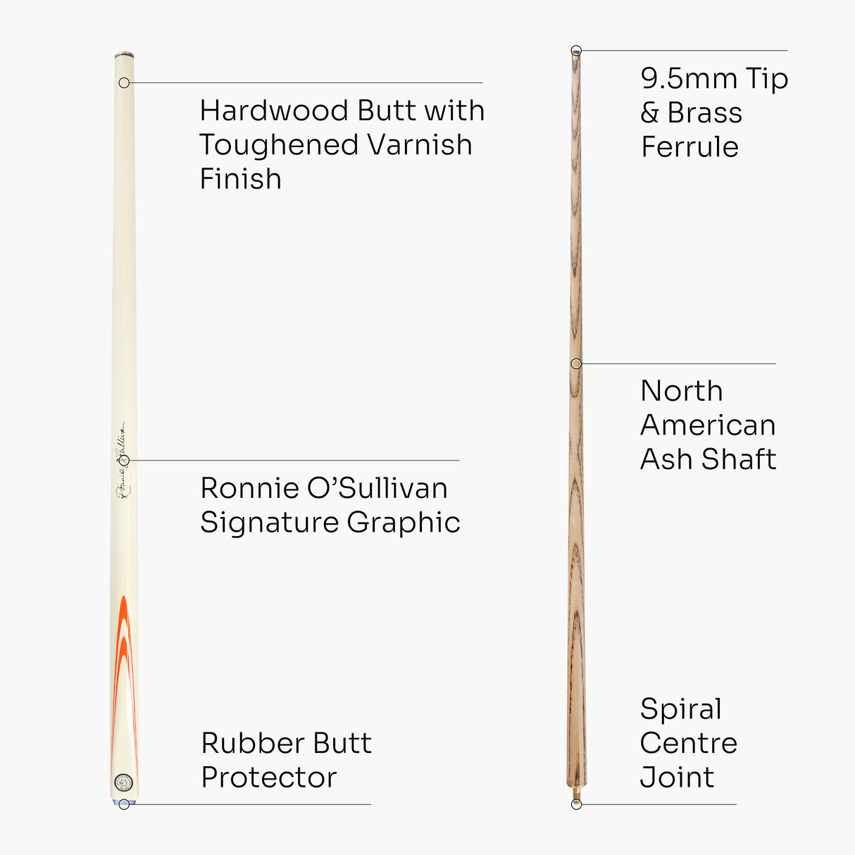 BCE Ronnie O'Sullivan ORANGE FLARE Cream Butt 2pc Ash Pool Snooker Cue 9.5mm Tip