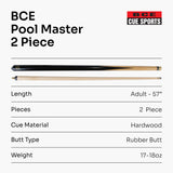 BCE 57 Inch 2pc Black POOL MASTER Economy Hardwood Pool Snooker Cue with 11mm Screw On Tip - great starter cue for beginner players!