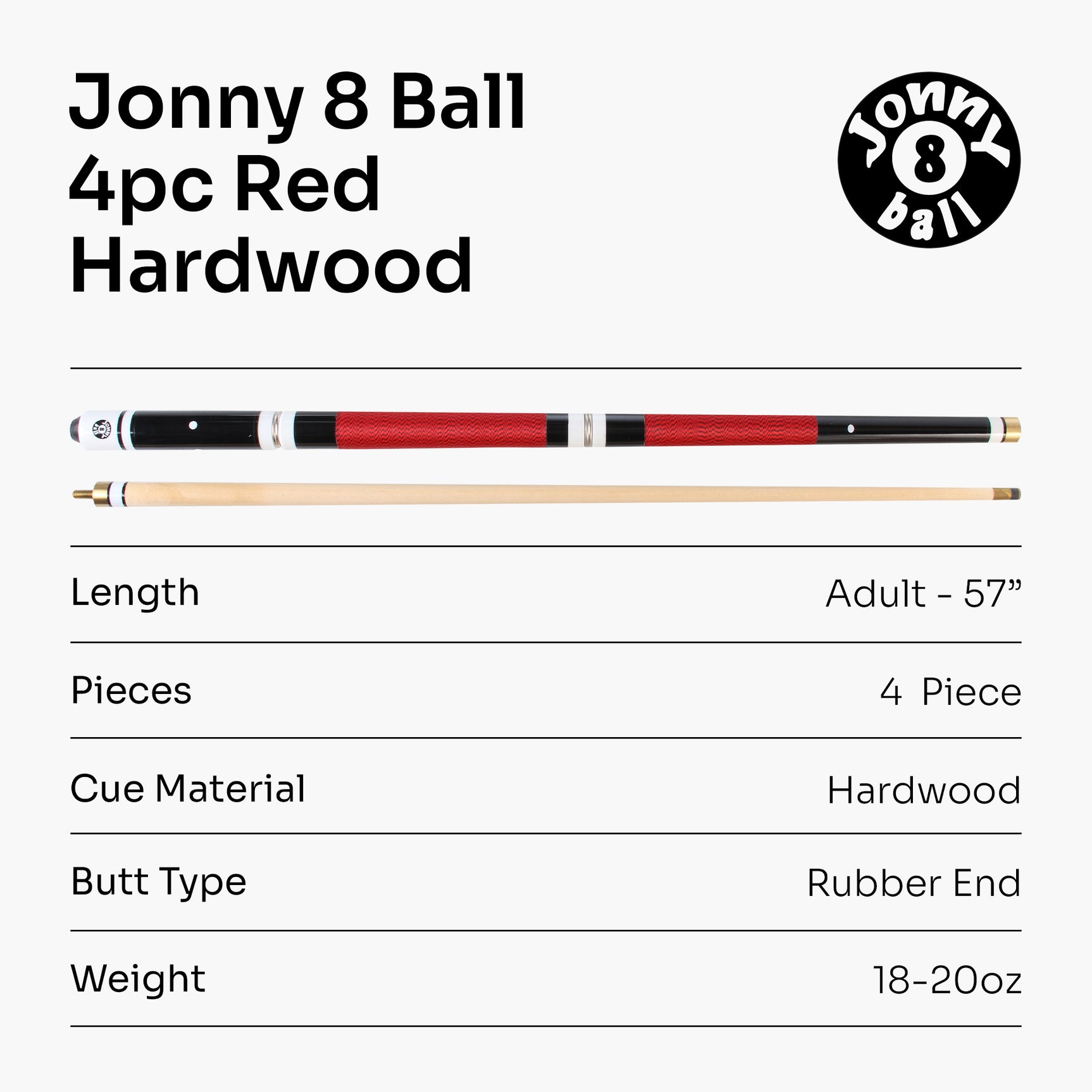 Jonny 8 Ball 4 Piece Hardwood Length Adjustable Snooker Pool Cue + 4 x 11mm Screw Tips