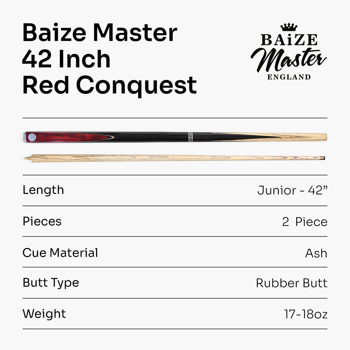 Baize Master CONQUEST 42 Inch 2 Piece Junior Kids Snooker Pool Cue 9.5mm Layered Tip