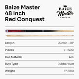 Baize Master CONQUEST 48 Inch 2 Piece Junior Snooker Pool Cue with 9.5mm Layered Tip