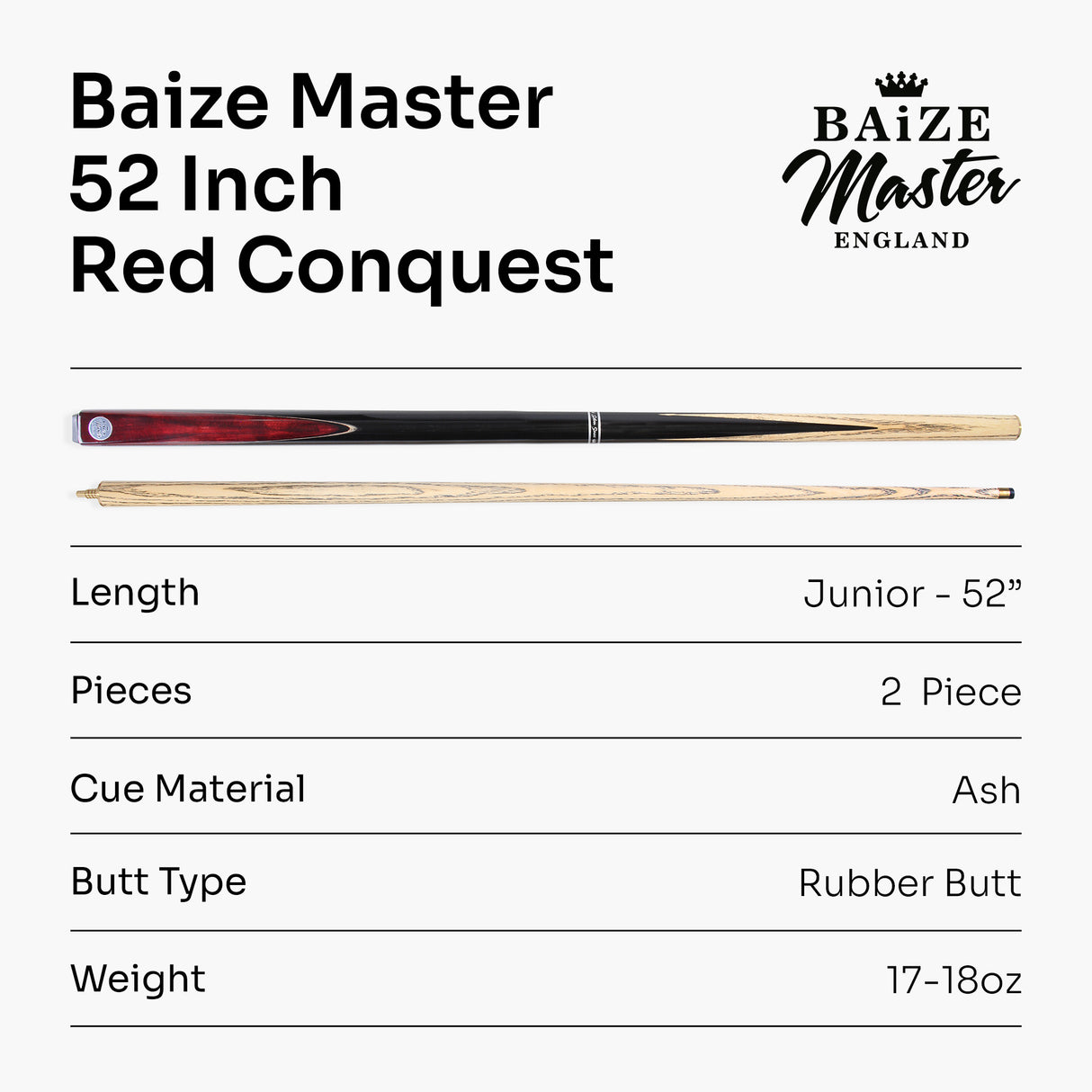 Baize Master CONQUEST 52 Inch 2 Piece Junior Snooker Pool Cue with 9.5mm Tip