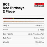 BCE Red Birds Eye Two Piece Ash Snooker Pool Cue - 9.5mm Tip