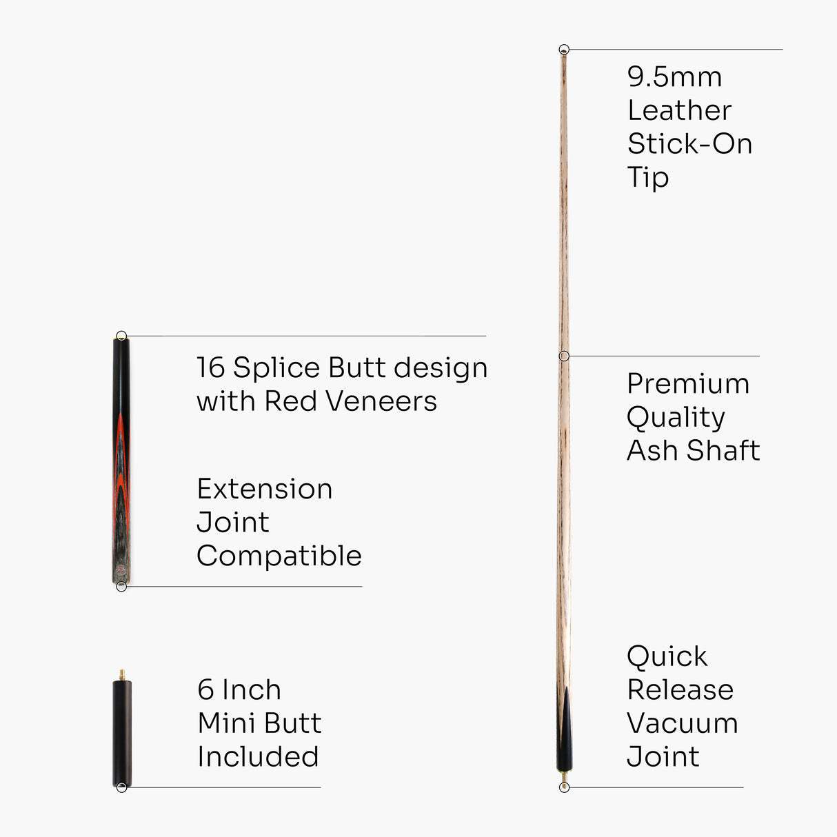 Baize Master Gold Series 58 Inch EMPEROR ¾ Jointed Snooker Pool Cue with 9.5mm Tip and 6 Inch Mini Butt