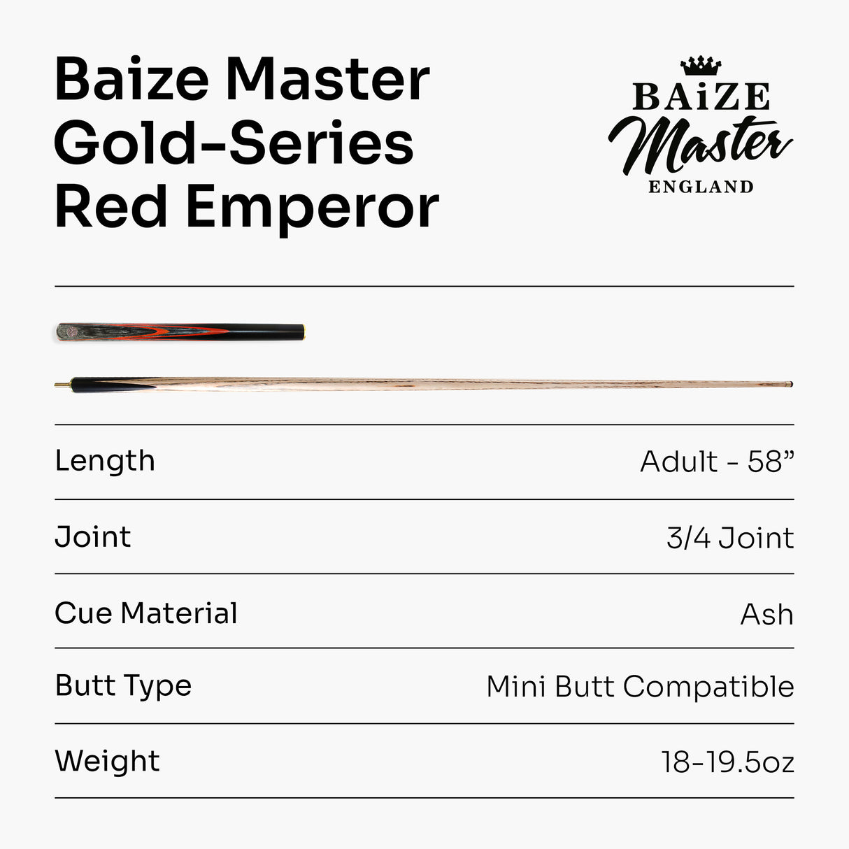 Baize Master Gold Series 58 Inch EMPEROR ¾ Jointed Snooker Pool Cue with 9.5mm Tip and 6 Inch Mini Butt