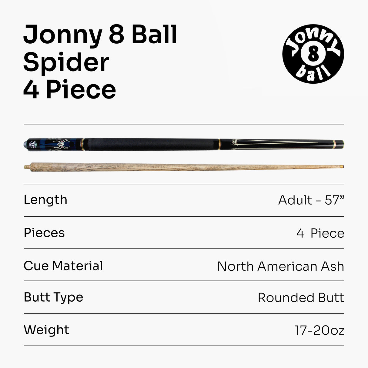 Jonny 8 Ball 57 Inch Adjustable 4 Piece Pool Cue 8mm Tip - Shorten to 45 Inch