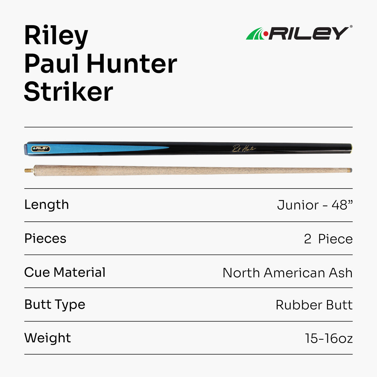 Riley Paul Hunter Striker 48 Inch 2 Piece Kids Snooker Pool Cue and Case Set 9.5mm Tip