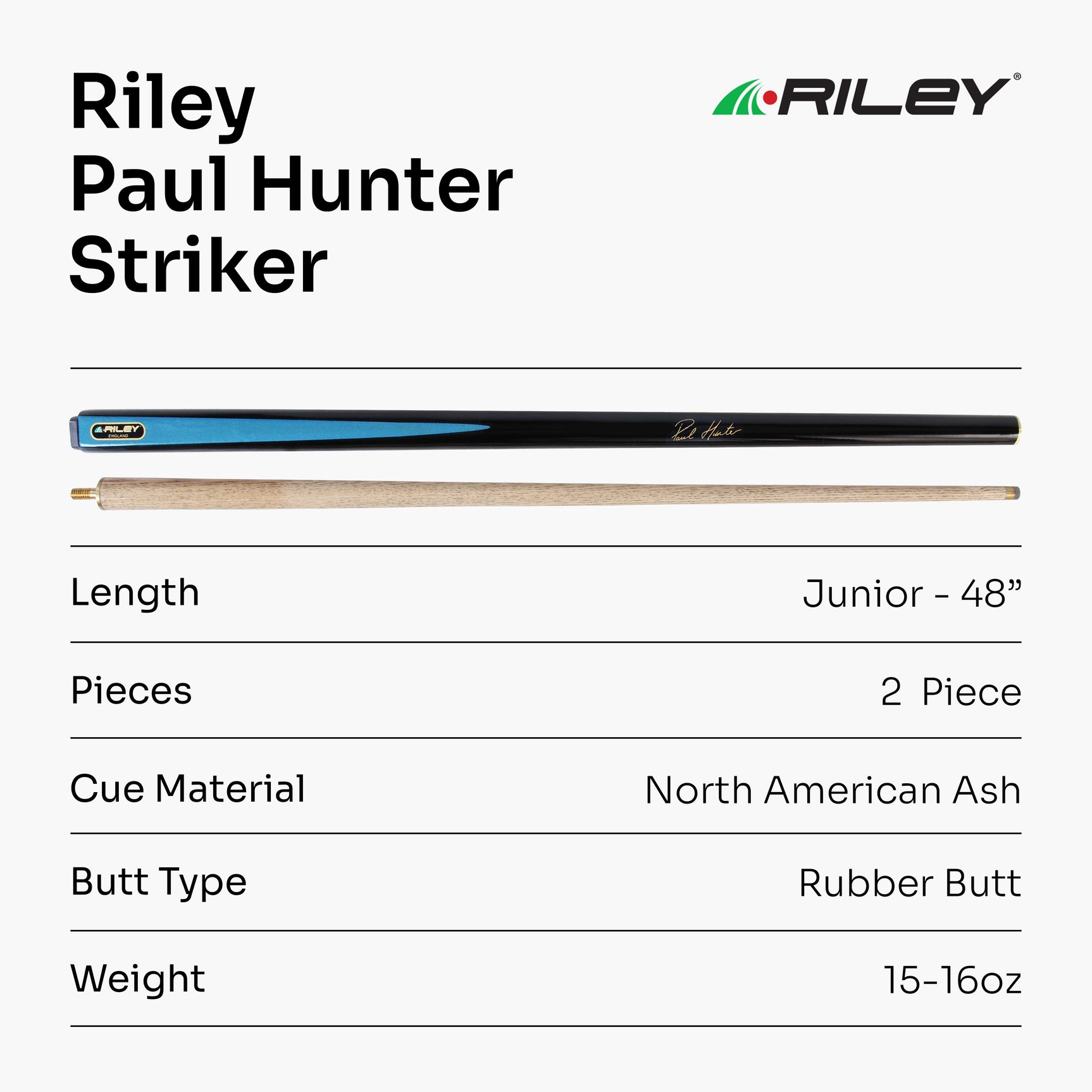RILEY Paul Hunter STRIKER Short Junior 48 Inch Kids Snooker Pool Cue