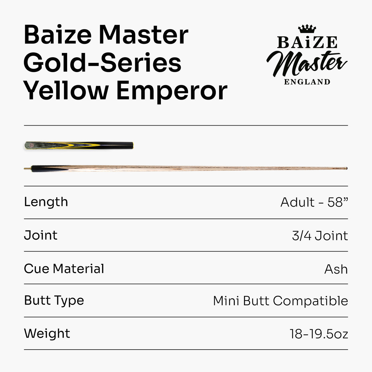 Baize Master Gold Series 58 Inch EMPEROR ¾ Jointed Snooker Pool Cue with 9.5mm Tip and 6 Inch Mini Butt