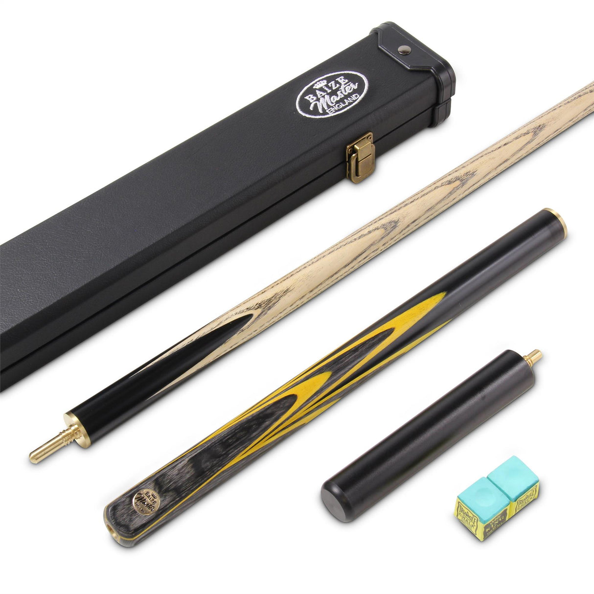 Baize Master Gold Series YELLOW EMPEROR 8-BALL POOL CUE SET with 57 Inch Hand Spliced 3/4 Joint Cue 8mm Tip, Deluxe Black Interior Hard Case and 2 x Chalk